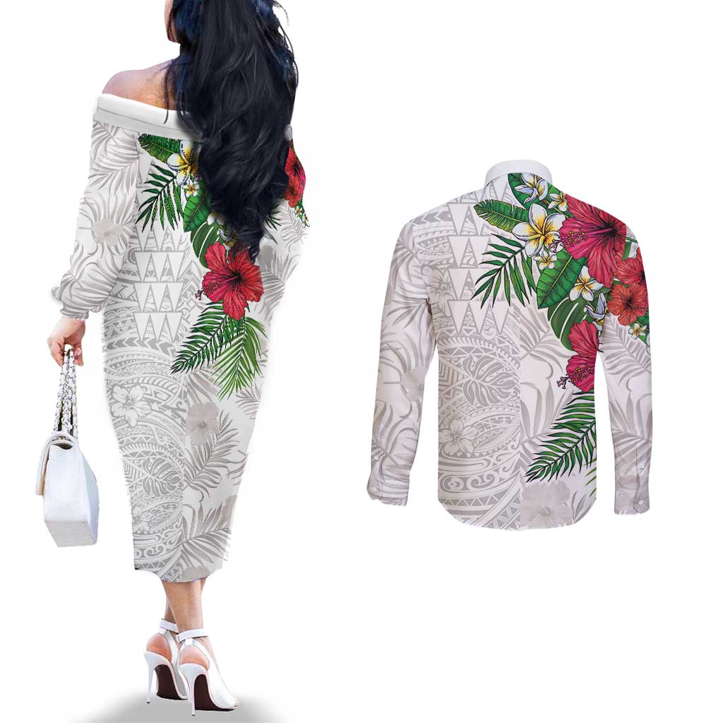 Hawaiian Tropical Plants Couples Matching Off The Shoulder Long Sleeve Dress and Long Sleeve Button Shirt Kakau Tattoo and Polynesian Pattern Half White Color LT03 - Polynesian Pride