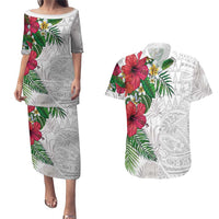 Hawaiian Tropical Plants Couples Matching Puletasi and Hawaiian Shirt Kakau Tattoo and Polynesian Pattern Half White Color LT03 White - Polynesian Pride
