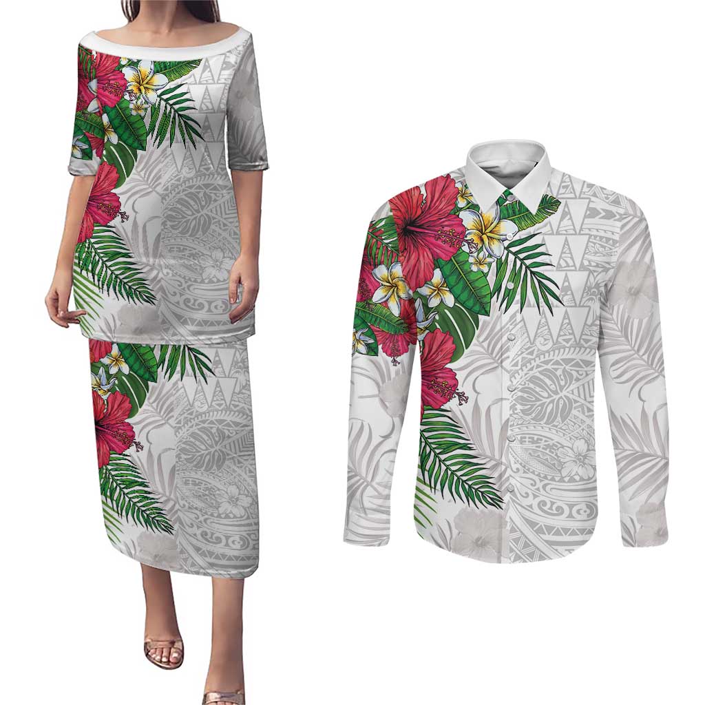 Hawaiian Tropical Plants Couples Matching Puletasi and Long Sleeve Button Shirt Kakau Tattoo and Polynesian Pattern Half White Color