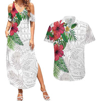 Hawaiian Tropical Plants Couples Matching Summer Maxi Dress and Hawaiian Shirt Kakau Tattoo and Polynesian Pattern Half White Color LT03 White - Polynesian Pride