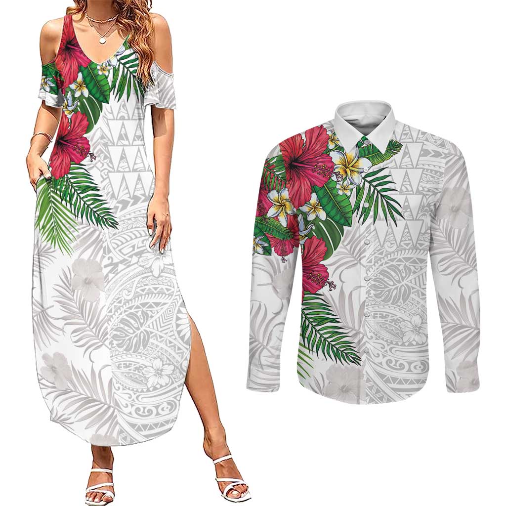 Hawaiian Tropical Plants Couples Matching Summer Maxi Dress and Long Sleeve Button Shirt Kakau Tattoo and Polynesian Pattern Half White Color LT03 White - Polynesian Pride