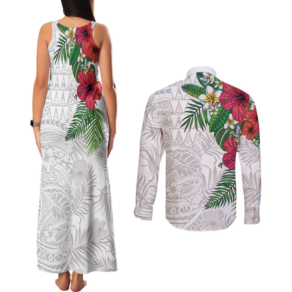 Hawaiian Tropical Plants Couples Matching Tank Maxi Dress and Long Sleeve Button Shirt Kakau Tattoo and Polynesian Pattern Half White Color LT03 - Polynesian Pride