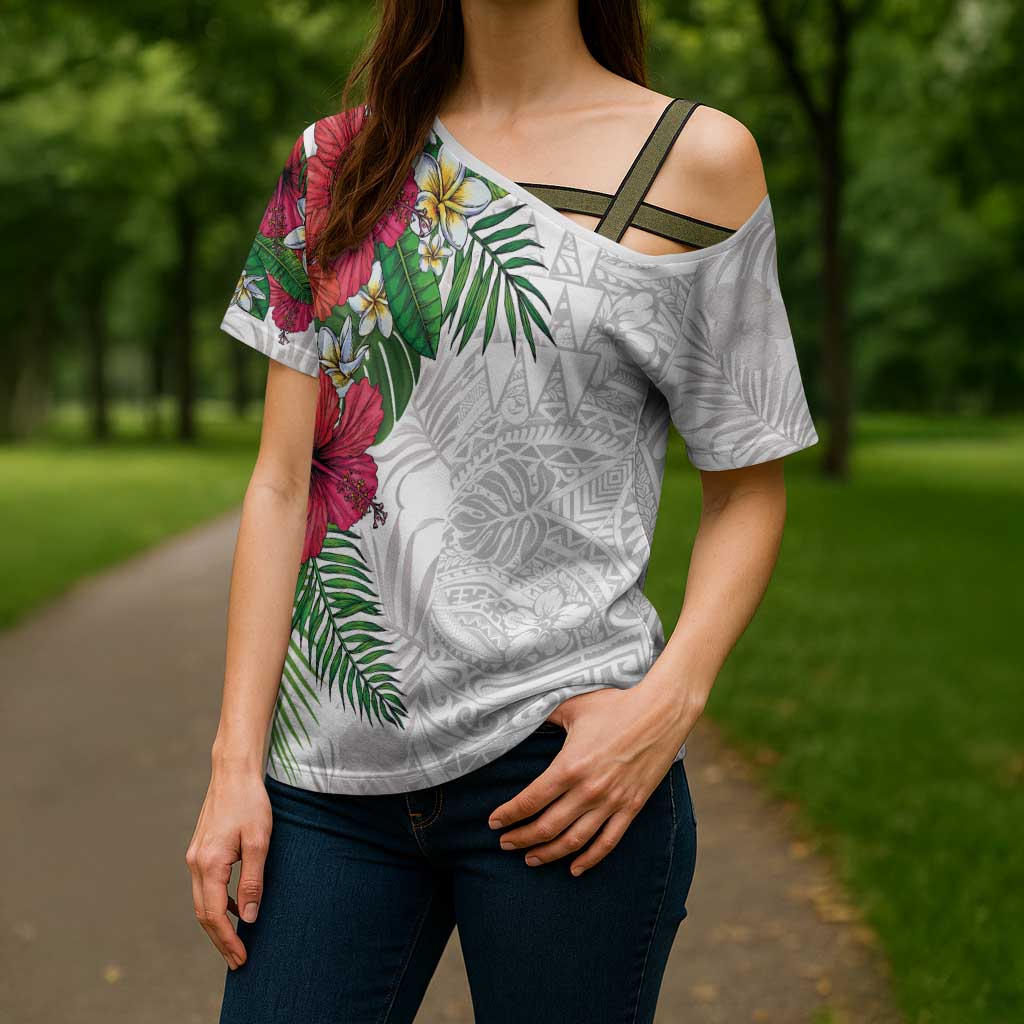 Hawaiian Tropical Plants Cross Shoulder Shirt Kakau Tattoo and Polynesian Pattern Half White Color