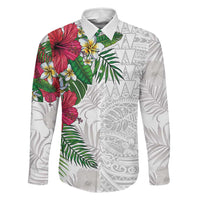 Hawaiian Tropical Plants Family Matching Long Sleeve Bodycon Dress and Hawaiian Shirt Kakau Tattoo and Polynesian Pattern Half White Color LT03 Dad's Shirt - Long Sleeve White - Polynesian Pride
