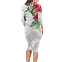 Hawaiian Tropical Plants Family Matching Long Sleeve Bodycon Dress and Hawaiian Shirt Kakau Tattoo and Polynesian Pattern Half White Color LT03 - Polynesian Pride