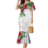 Hawaiian Tropical Plants Family Matching Mermaid Dress and Hawaiian Shirt Kakau Tattoo and Polynesian Pattern Half White Color LT03 Mom's Dress White - Polynesian Pride
