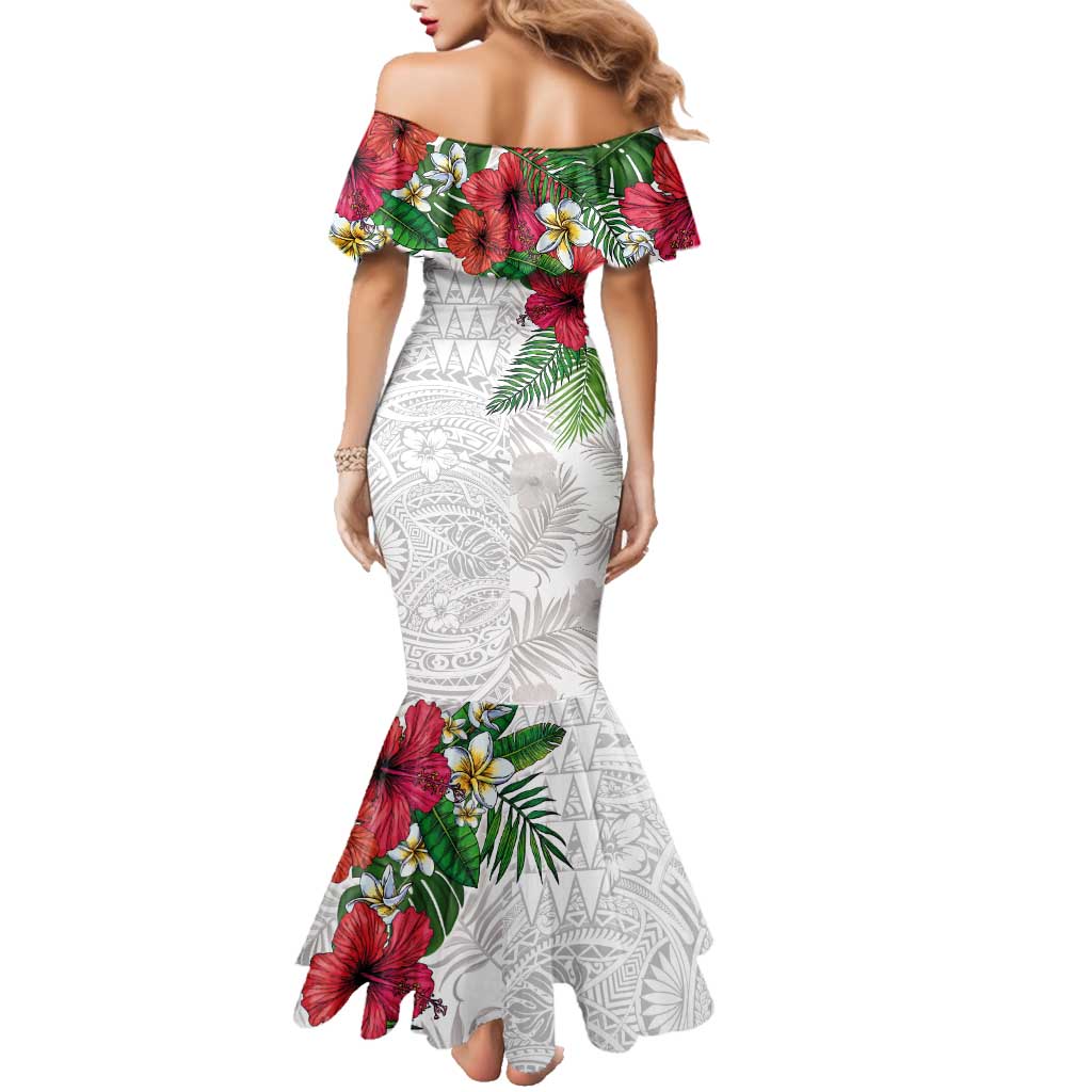 Hawaiian Tropical Plants Family Matching Mermaid Dress and Hawaiian Shirt Kakau Tattoo and Polynesian Pattern Half White Color LT03 - Polynesian Pride