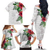 Hawaiian Tropical Plants Family Matching Off The Shoulder Long Sleeve Dress and Hawaiian Shirt Kakau Tattoo and Polynesian Pattern Half White Color LT03 - Polynesian Pride