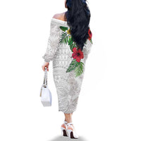 Hawaiian Tropical Plants Family Matching Off The Shoulder Long Sleeve Dress and Hawaiian Shirt Kakau Tattoo and Polynesian Pattern Half White Color LT03 - Polynesian Pride