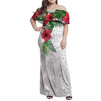 Hawaiian Tropical Plants Family Matching Off Shoulder Maxi Dress and Hawaiian Shirt Kakau Tattoo and Polynesian Pattern Half White Color LT03 Mom's Dress White - Polynesian Pride