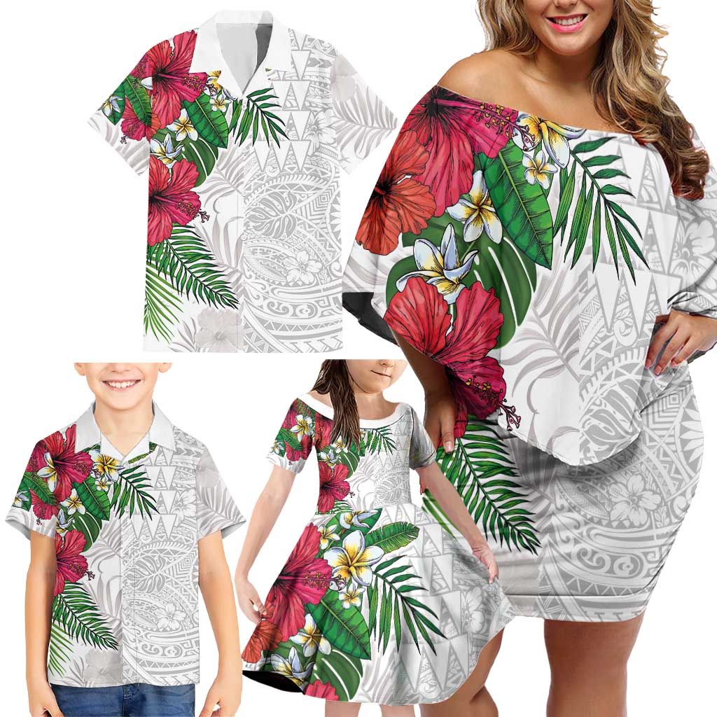 Hawaiian Tropical Plants Family Matching Off Shoulder Short Dress and Hawaiian Shirt Kakau Tattoo and Polynesian Pattern Half White Color LT03 - Polynesian Pride