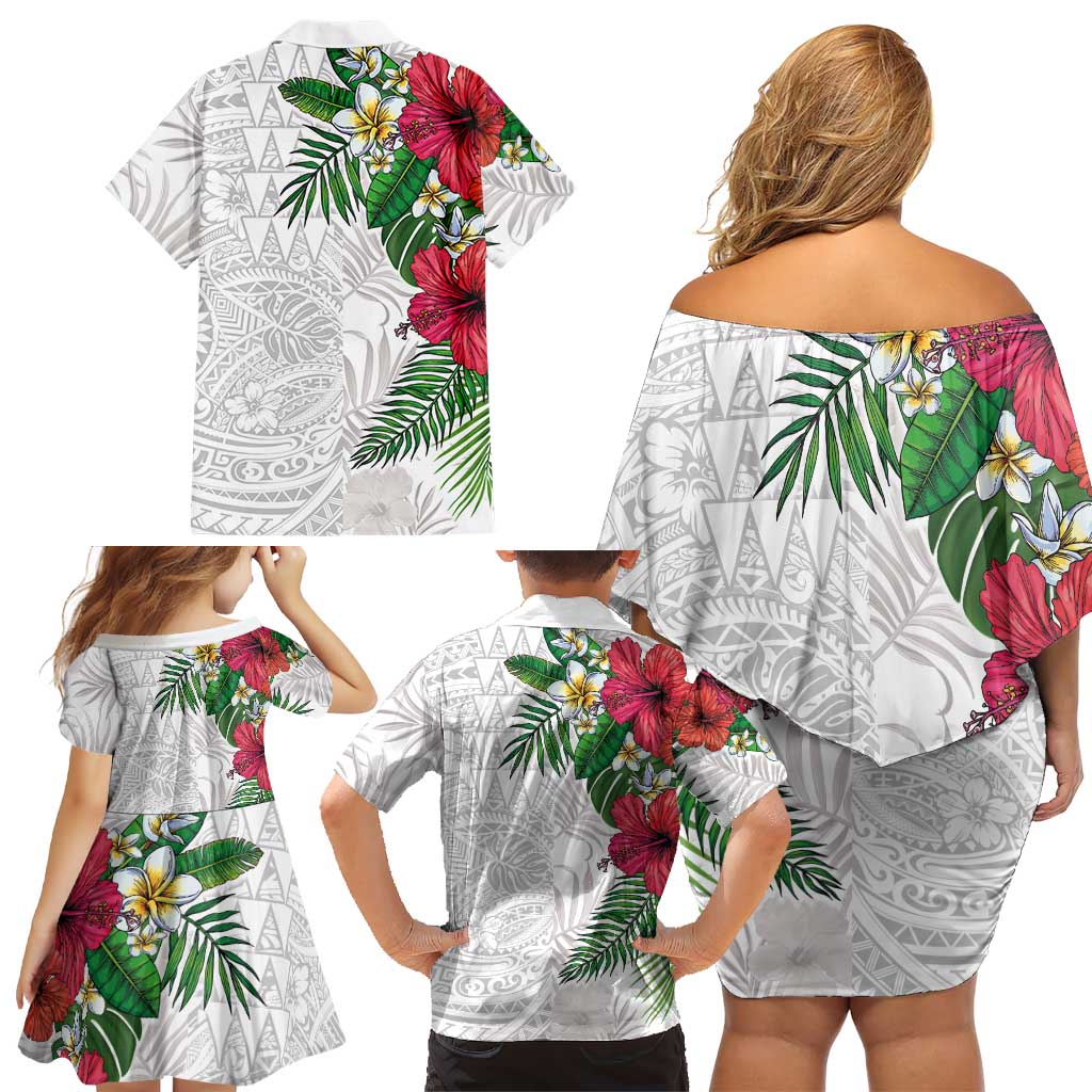 Hawaiian Tropical Plants Family Matching Off Shoulder Short Dress and Hawaiian Shirt Kakau Tattoo and Polynesian Pattern Half White Color LT03 - Polynesian Pride