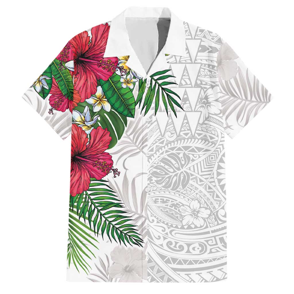 Hawaiian Tropical Plants Family Matching Off Shoulder Short Dress and Hawaiian Shirt Kakau Tattoo and Polynesian Pattern Half White Color LT03 Dad's Shirt - Short Sleeve White - Polynesian Pride