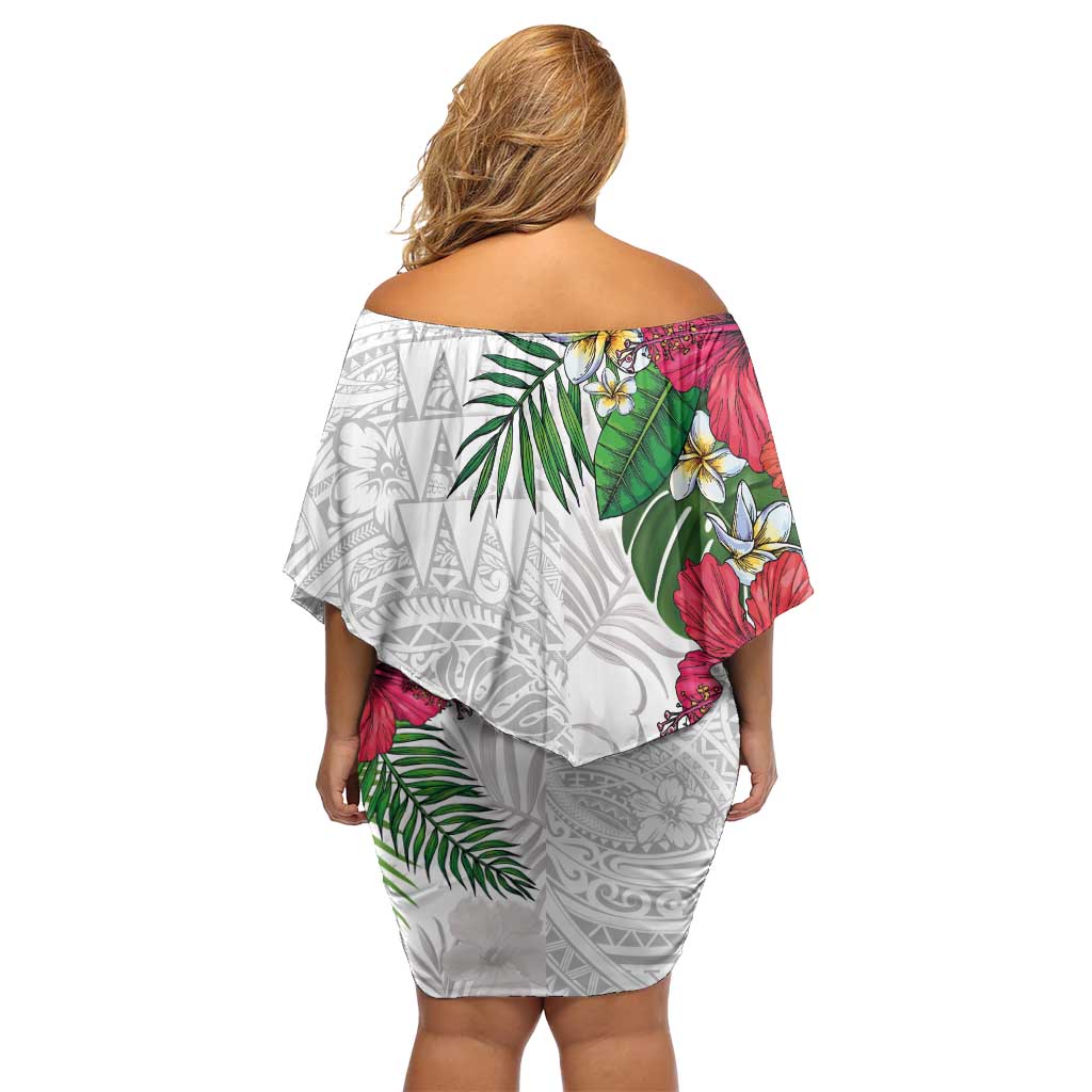 Hawaiian Tropical Plants Family Matching Off Shoulder Short Dress and Hawaiian Shirt Kakau Tattoo and Polynesian Pattern Half White Color LT03 - Polynesian Pride