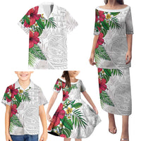 Hawaiian Tropical Plants Family Matching Puletasi and Hawaiian Shirt Kakau Tattoo and Polynesian Pattern Half White Color LT03 - Polynesian Pride