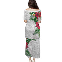 Hawaiian Tropical Plants Family Matching Puletasi and Hawaiian Shirt Kakau Tattoo and Polynesian Pattern Half White Color LT03 - Polynesian Pride