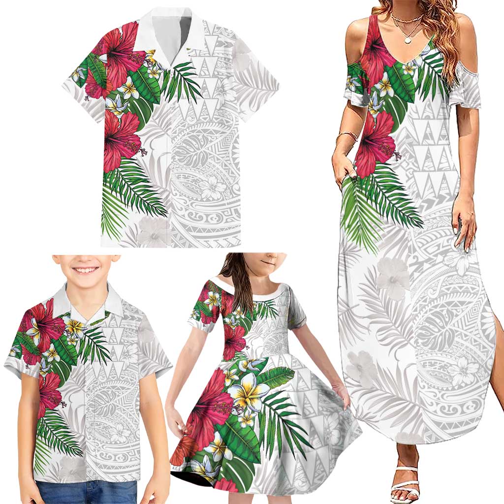 Hawaiian Tropical Plants Family Matching Summer Maxi Dress and Hawaiian Shirt Kakau Tattoo and Polynesian Pattern Half White Color