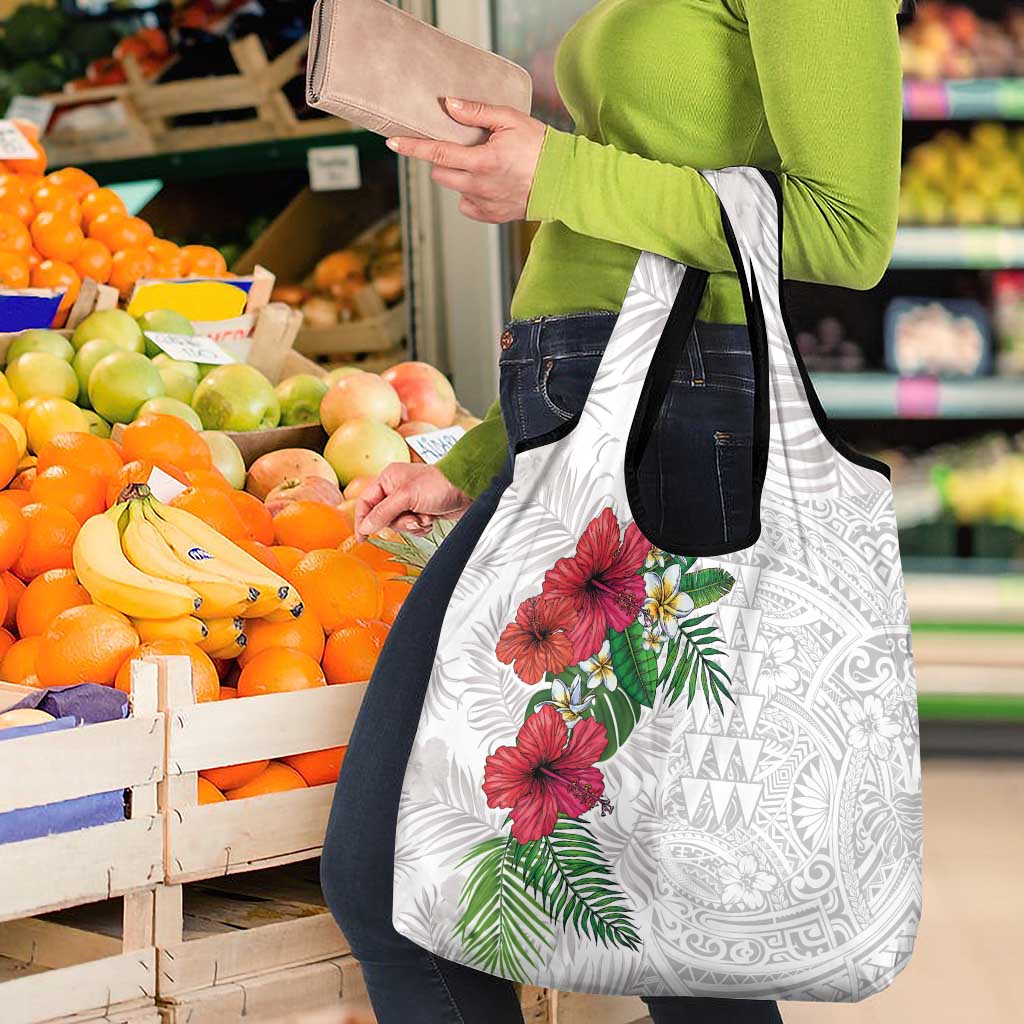 Hawaiian Tropical Plants Grocery Bag Kakau Tattoo and Polynesian Pattern Half White Color