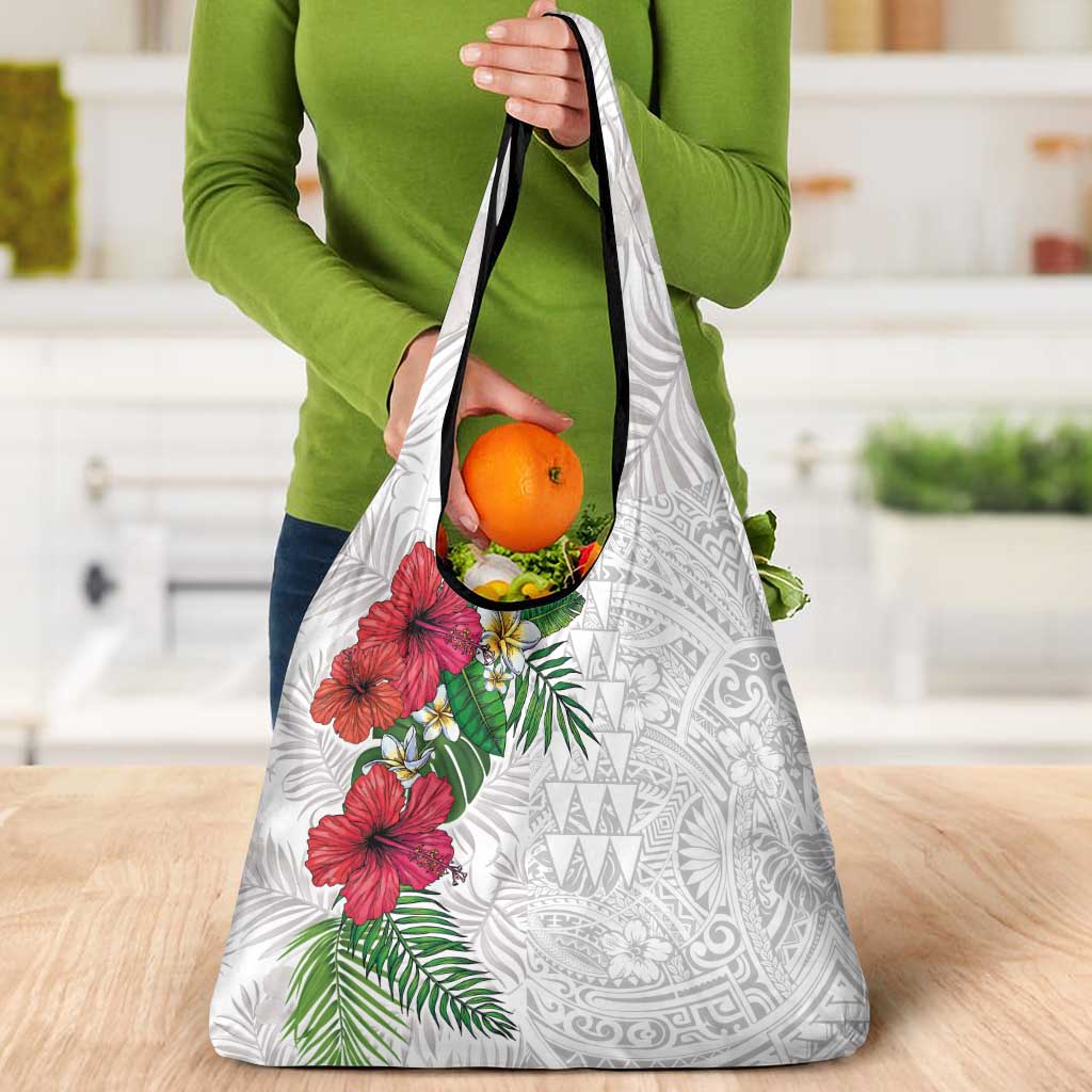 Hawaiian Tropical Plants Grocery Bag Kakau Tattoo and Polynesian Pattern Half White Color