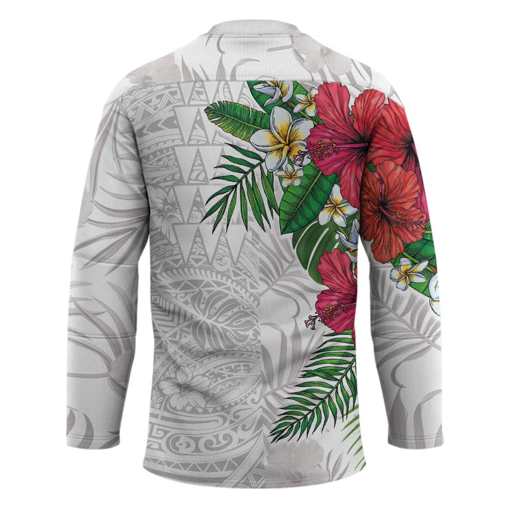 Hawaiian Tropical Plants Hockey Jersey Kakau Tattoo and Polynesian Pattern Half White Color