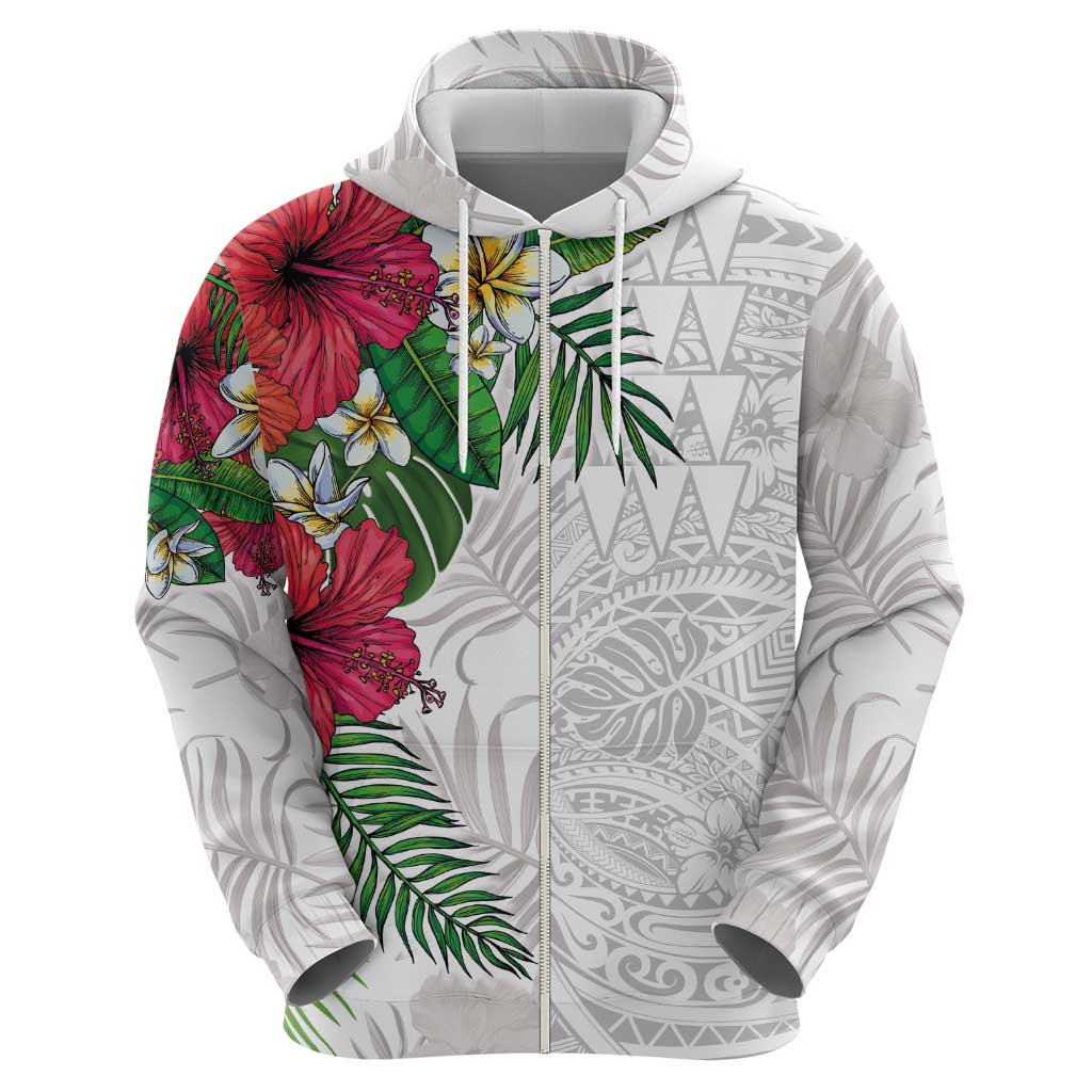 Hawaiian Tropical Plants Hoodie Kakau Tattoo and Polynesian Pattern Half White Color