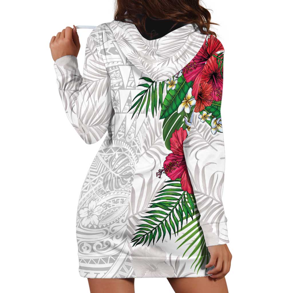 Hawaiian Tropical Plants Hoodie Dress Kakau Tattoo and Polynesian Pattern Half White Color