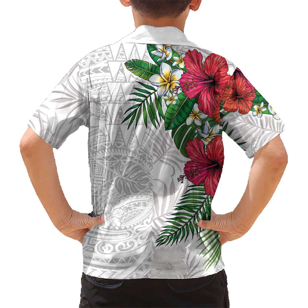 Hawaiian Tropical Plants Kid Hawaiian Shirt Kakau Tattoo and Polynesian Pattern Half White Color