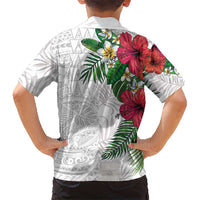 Hawaiian Tropical Plants Kid Hawaiian Shirt Kakau Tattoo and Polynesian Pattern Half White Color