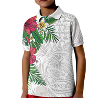 Hawaiian Tropical Plants Kid Polo Shirt Kakau Tattoo and Polynesian Pattern Half White Color