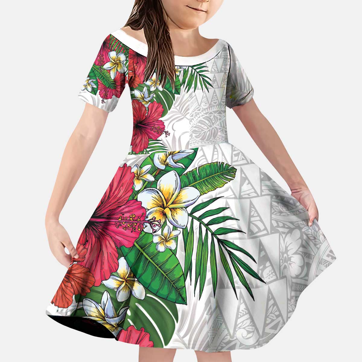 Hawaiian Tropical Plants Kid Short Sleeve Dress Kakau Tattoo and Polynesian Pattern Half White Color LT03 KID White - Polynesian Pride