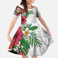 Hawaiian Tropical Plants Kid Short Sleeve Dress Kakau Tattoo and Polynesian Pattern Half White Color LT03 KID White - Polynesian Pride