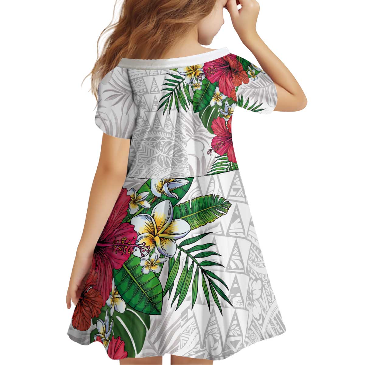 Hawaiian Tropical Plants Kid Short Sleeve Dress Kakau Tattoo and Polynesian Pattern Half White Color LT03 - Polynesian Pride