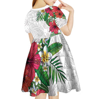 Hawaiian Tropical Plants Kid Short Sleeve Dress Kakau Tattoo and Polynesian Pattern Half White Color LT03 - Polynesian Pride