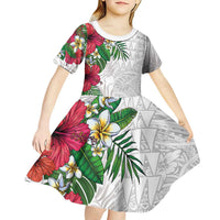 Hawaiian Tropical Plants Kid Short Sleeve Dress Kakau Tattoo and Polynesian Pattern Half White Color LT03 - Polynesian Pride