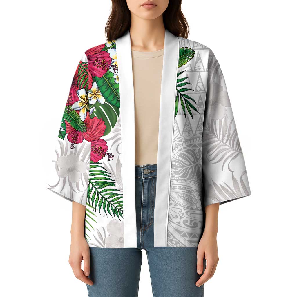 Hawaiian Tropical Plants Kimono Kakau Tattoo and Polynesian Pattern Half White Color