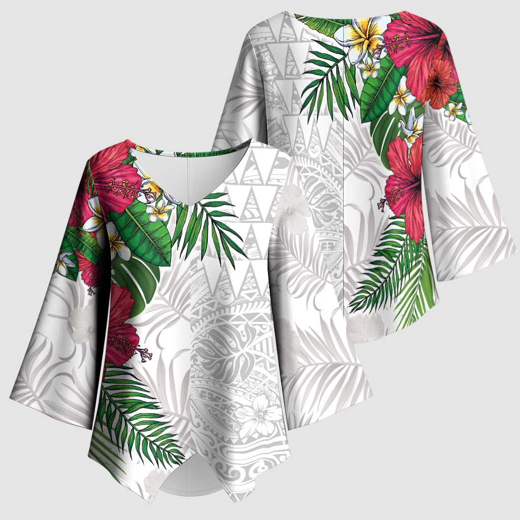 Hawaiian Tropical Plants Kimono Sleeve Blouse Kakau Tattoo and Polynesian Pattern Half White Color