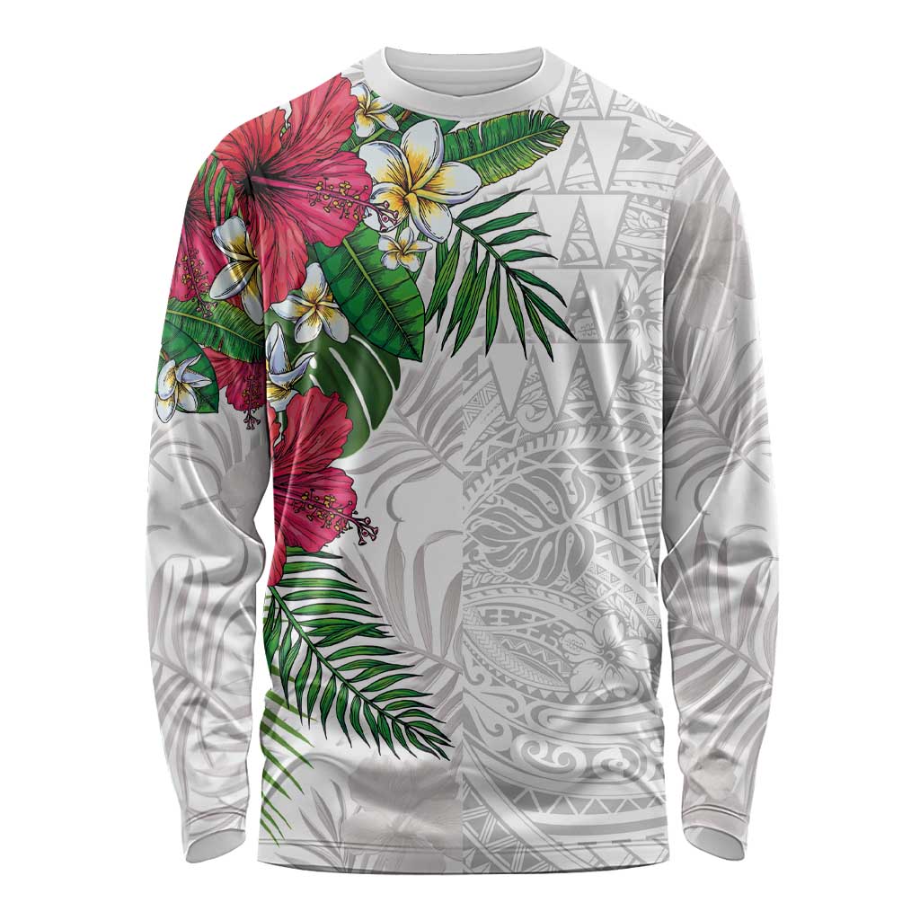 Hawaiian Tropical Plants Long Sleeve Shirt Kakau Tattoo and Polynesian Pattern Half White Color