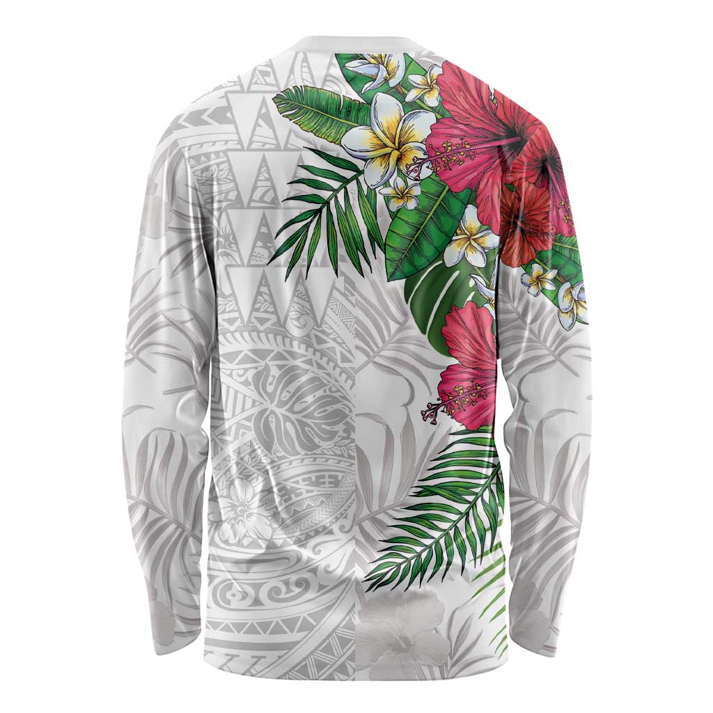 Hawaiian Tropical Plants Long Sleeve Shirt Kakau Tattoo and Polynesian Pattern Half White Color