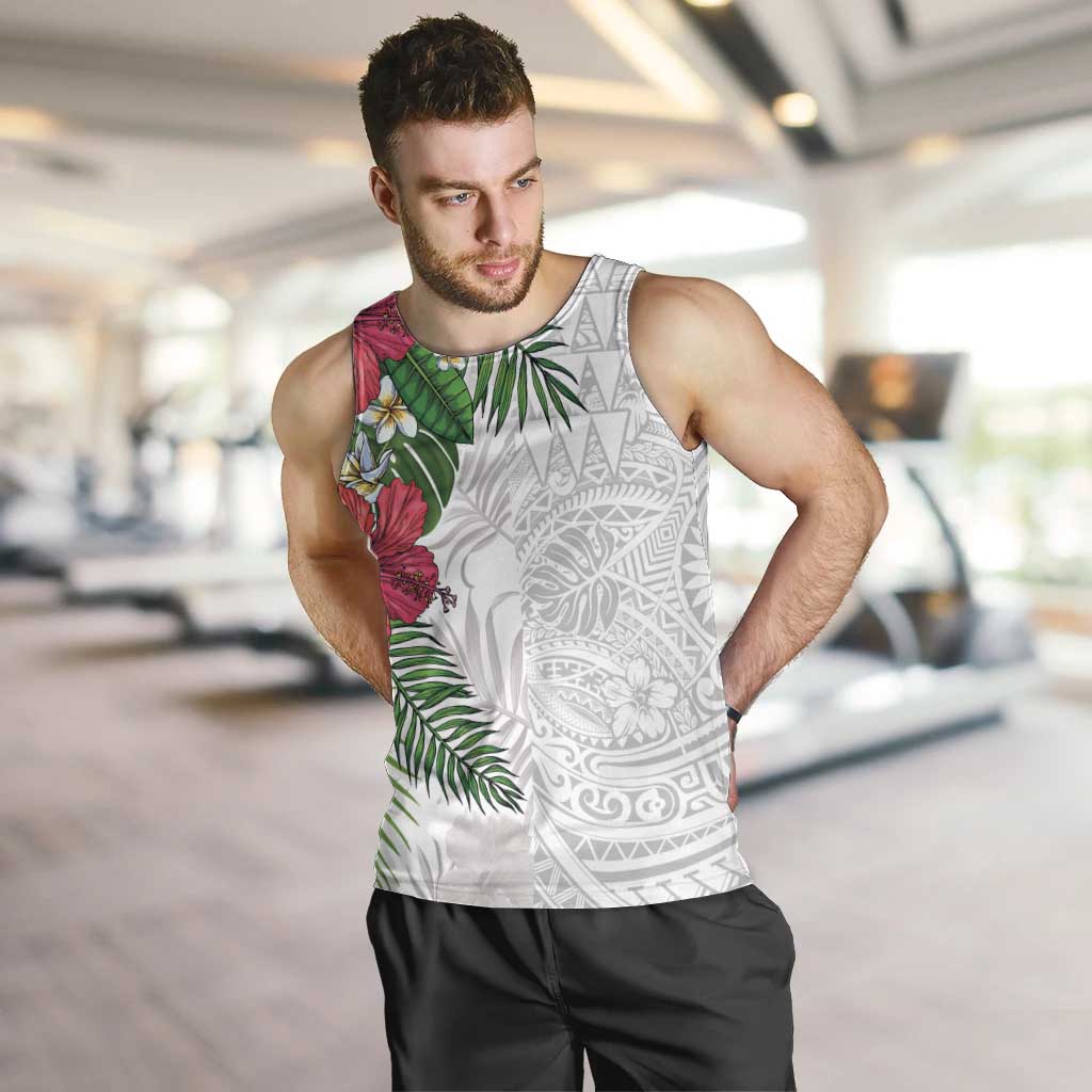 Hawaiian Tropical Plants Men Tank Top Kakau Tattoo and Polynesian Pattern Half White Color