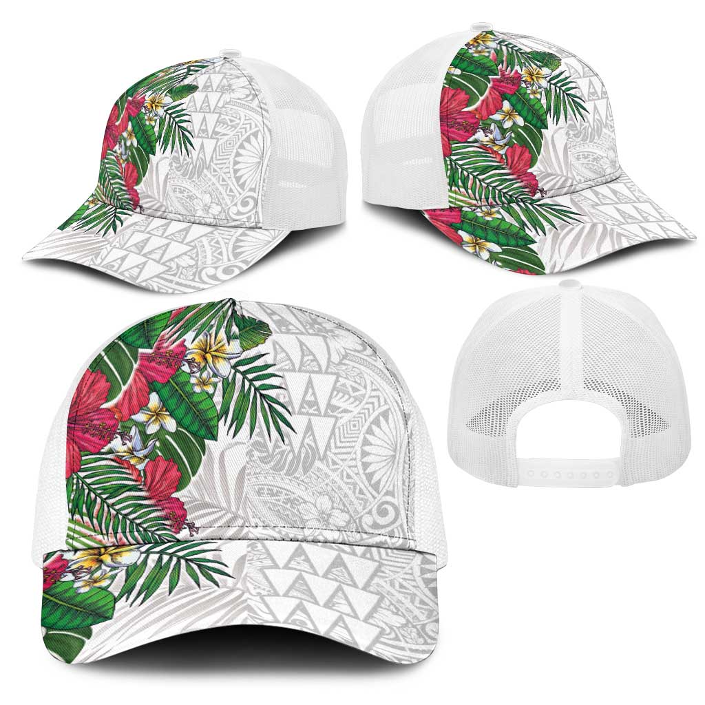 Hawaiian Tropical Plants Mesh Trucker Cap Kakau Tattoo and Polynesian Pattern Half Black White
