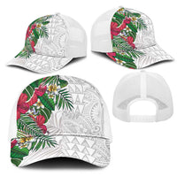 Hawaiian Tropical Plants Mesh Trucker Cap Kakau Tattoo and Polynesian Pattern Half Black White