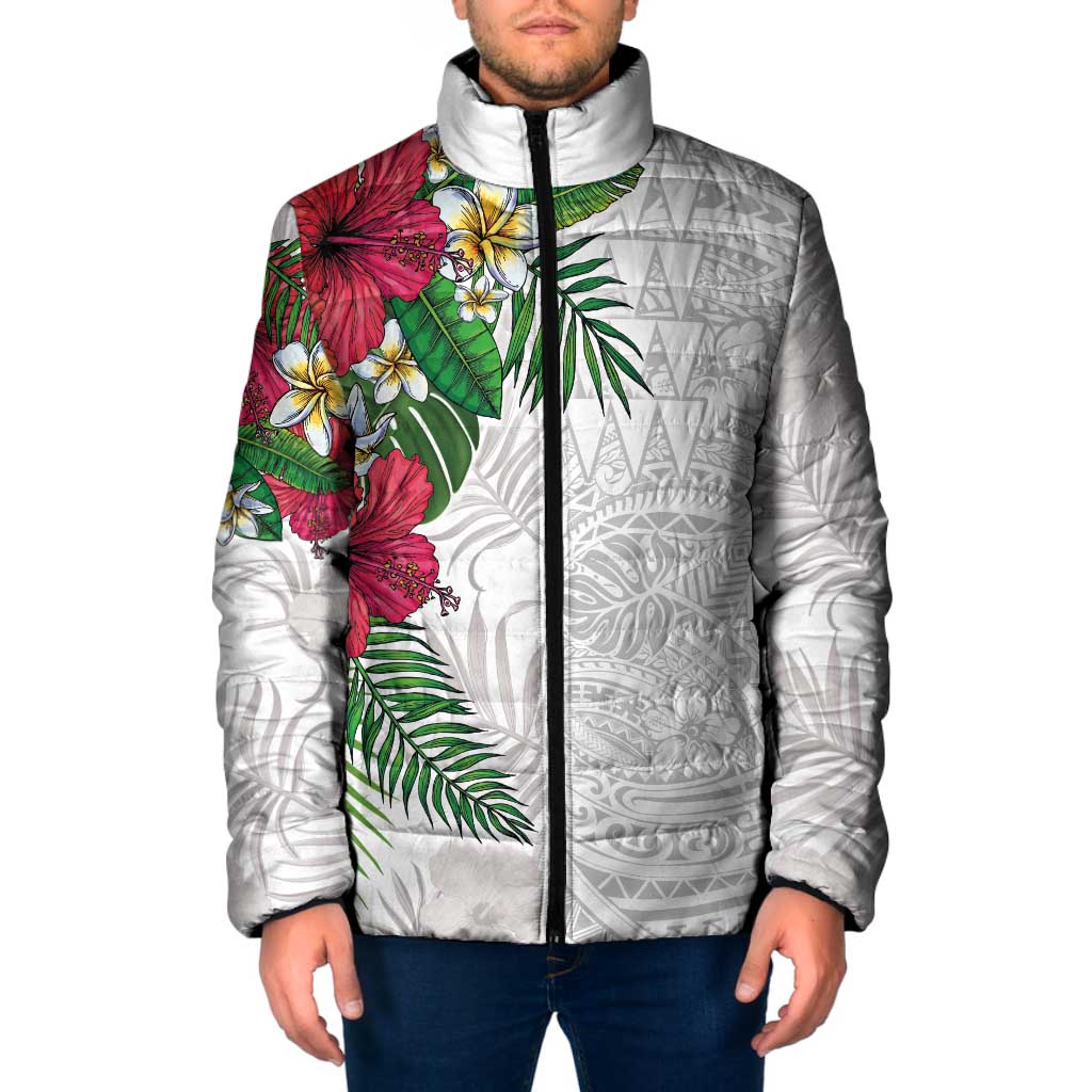Hawaiian Tropical Plants Padded Jacket Kakau Tattoo and Polynesian Pattern Half White Color