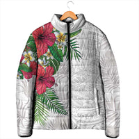 Hawaiian Tropical Plants Padded Jacket Kakau Tattoo and Polynesian Pattern Half White Color