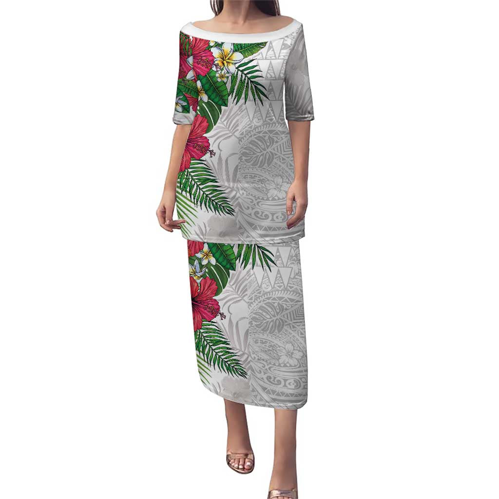 Hawaiian Tropical Plants Puletasi Kakau Tattoo and Polynesian Pattern Half White Color