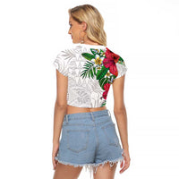 Hawaiian Tropical Plants Raglan Cropped T Shirt Kakau Tattoo and Polynesian Pattern Half White Color