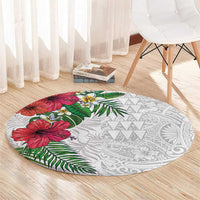 Hawaiian Tropical Plants Round Carpet Kakau Tattoo and Polynesian Pattern Half White Color