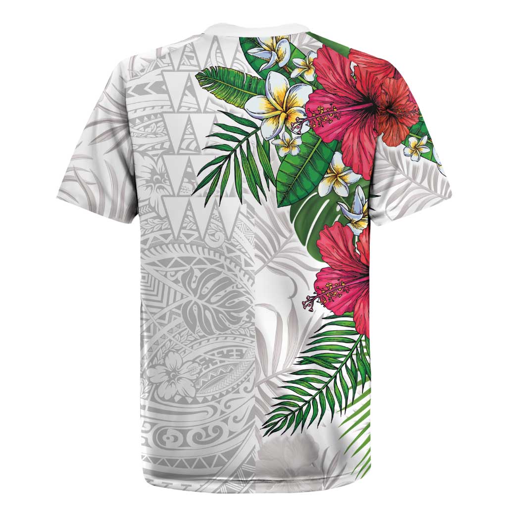 Hawaiian Tropical Plants Rugby Jersey Kakau Tattoo and Polynesian Pattern Half White Color