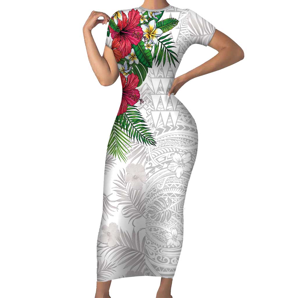 Hawaiian Tropical Plants Short Sleeve Bodycon Dress Kakau Tattoo and Polynesian Pattern Half White Color