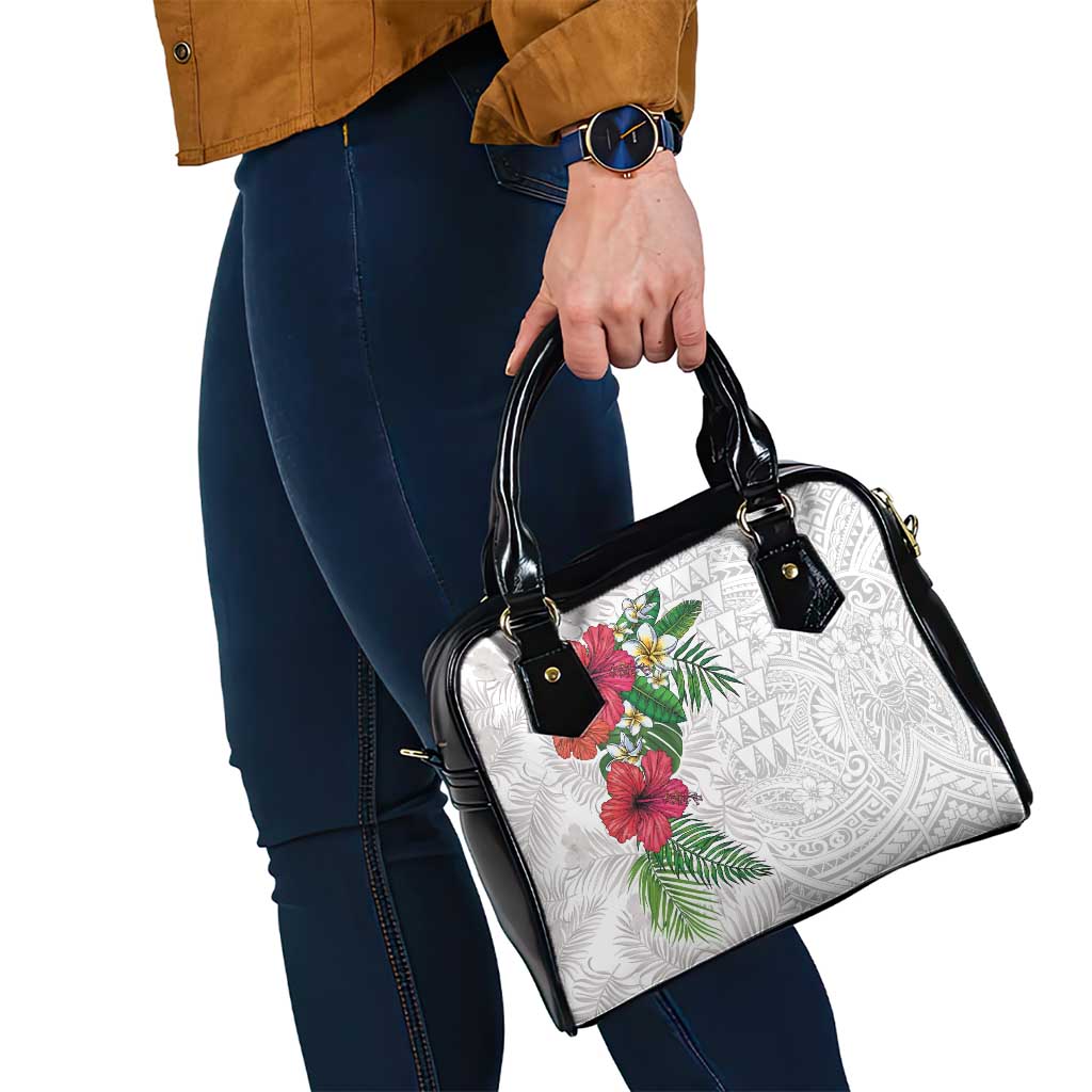 Hawaiian Tropical Plants Shoulder Handbag Kakau Tattoo and Polynesian Pattern Half White Color