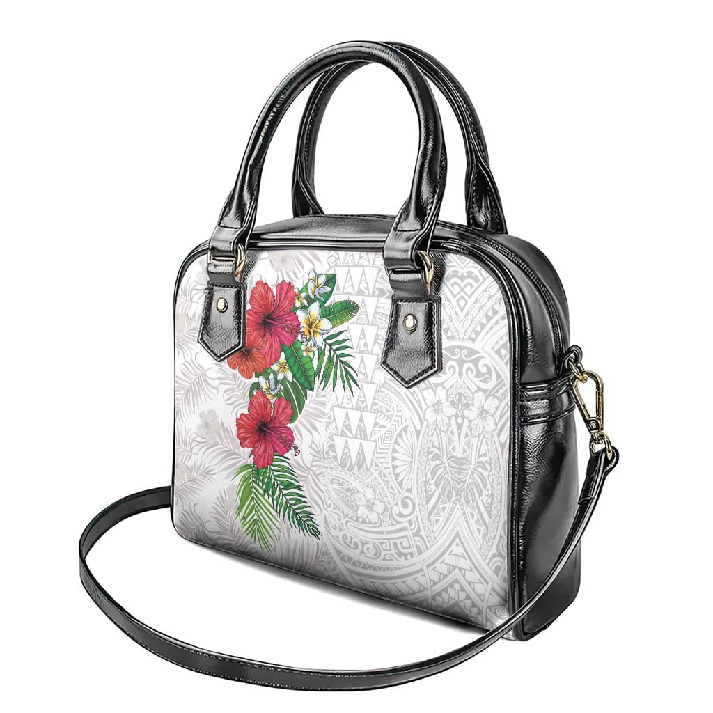 Hawaiian Tropical Plants Shoulder Handbag Kakau Tattoo and Polynesian Pattern Half White Color